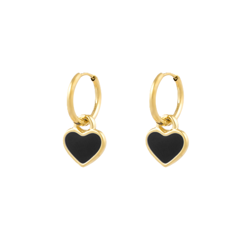 Charlery gouden Oorbellen Amour met een zwarte hart bedel